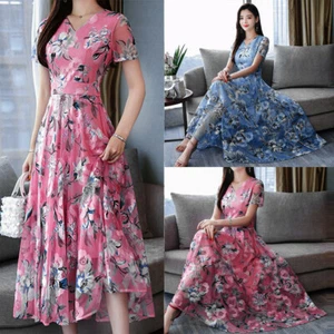 Elegantes langes Damen Sommer V-Ausschnitt Kurzarm Boo Print Abend Party Kleid KÄSE - Bild 1 von 12