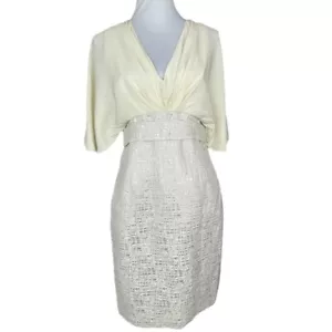 Badgley Mischka Women’s Off-White Silver Metallic Silk V-Neck Party Dress 10/C32 - Picture 1 of 11