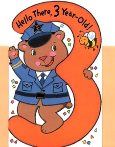 Tarjeta de felicitación con insignia dorada oso oficial de policía feliz tercer cumpleaños cumpliendo 3 años - Imagen 1 de 3