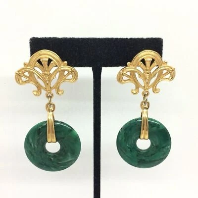 PENDIENTES COLGANTES VINTAGE AÑOS 80 AVON JADE ADORNADOS TONO ORO ESTILO ASIÁTICO ART NOUVEAU Foto 1 de 4