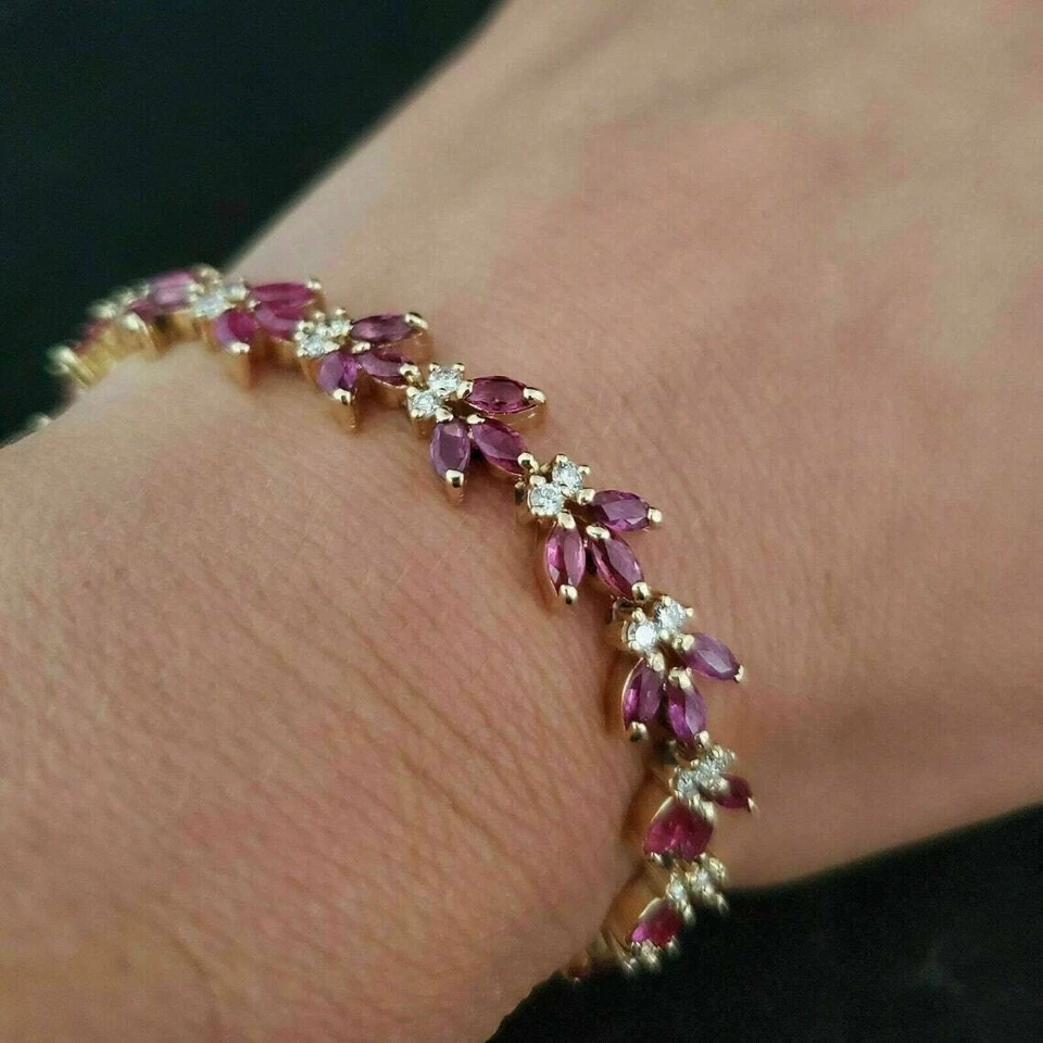 12,40 Ct Marquise Cut Simulierte Rosa Saphir Tennisarmband 14K Gelb - Bild 1 von 4