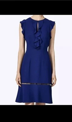 Elie Tahari Blue Chain Inlay Ruffle Front Cap Sleeve Fit Flare Dress Size 6  Y66 - Image 1 of 4