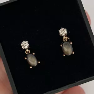 9ct Yellow Gold Black Star Sapphire & Zircon Cluster Drop Dangle Earrings - Picture 1 of 5