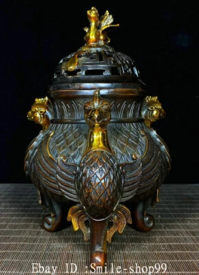 10.2" Antiguo China Bronce Dorado Hueco Pájaro Fénix 3 Patas Quemador de Incienso Censario Foto 1 de 4