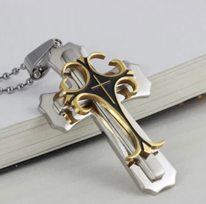 Cross Pendant Necklace Stainless Steel Crucifix Cuban Gold Men Unisex New - Picture 1 of 5