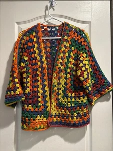 Crochet Granny Square Rainbow Hexagon Cardigan Sweater Sz M  - Picture 1 of 12