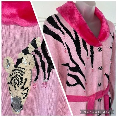 Потрясающий Storybook вязаный ZEBRA SPARKLE блестками кардиган свитер розовый подпоясанный большой - Изображение 1 из 4