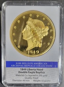 1849 Liberty Head Double Eagle 24k Gold Layered 20 $ Replica Proof - Bild 1 von 2