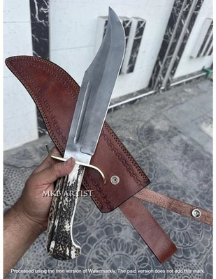 Cuchillo Hunring Bowie hecho a mano personalizado de acero al carbono mango de ciervo con funda Foto 1 de 3