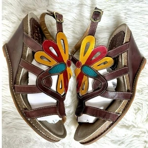 L’artiste Ronella Leather Strap Wedge Sandals 38 US 8 flowers Butterflies Hippie - Picture 1 of 12