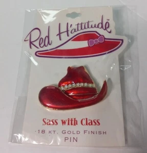 Red Hattitude Red Hat Society Pin Sass With Class Hat 18 KT. Gold Finish New - Picture 1 of 4