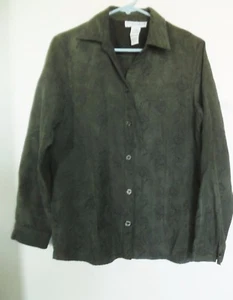 SAG Harbor womens Olive Green Suede Floral button down top shirt blouse Sz M - Picture 1 of 3