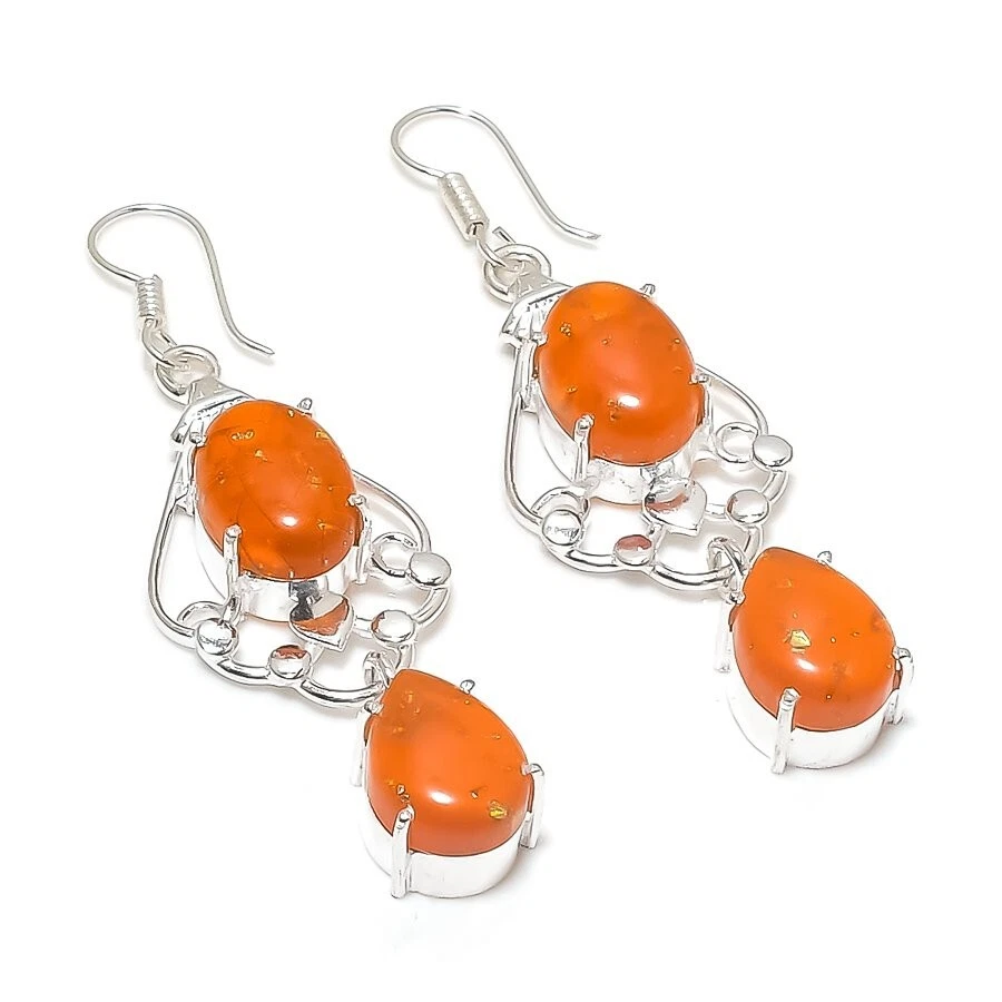 波罗的海琥珀宝石手工制作 925 纯银耳环 尺寸 2.50 英寸 — 第 1/1 张图片