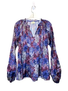 Elie Tahari Floral Pleated V-Neck Blouson Sleeve Peasant Blouse Women Size Large - Picture 1 of 11