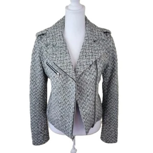 GAP Wool Blend Black White Herringbone Tweed Moto Jacket Asymmetrical Zip XS - Picture 1 of 16