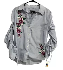 INC International Concepts NWT Striped Blue Button Up Floral Embroidery Top XL - Picture 1 of 10