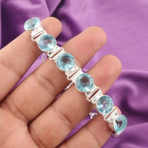 Brazalete Esposa Cadena Artesanal Plata Esterlina 925 Topacio Azul Cielo Natural Corte Redondo - Imagen 1 de 6