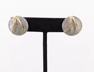 Two Tone Brushed Round Silver Tone Pierced Earrings Modern Boho - Picture 1 of 9