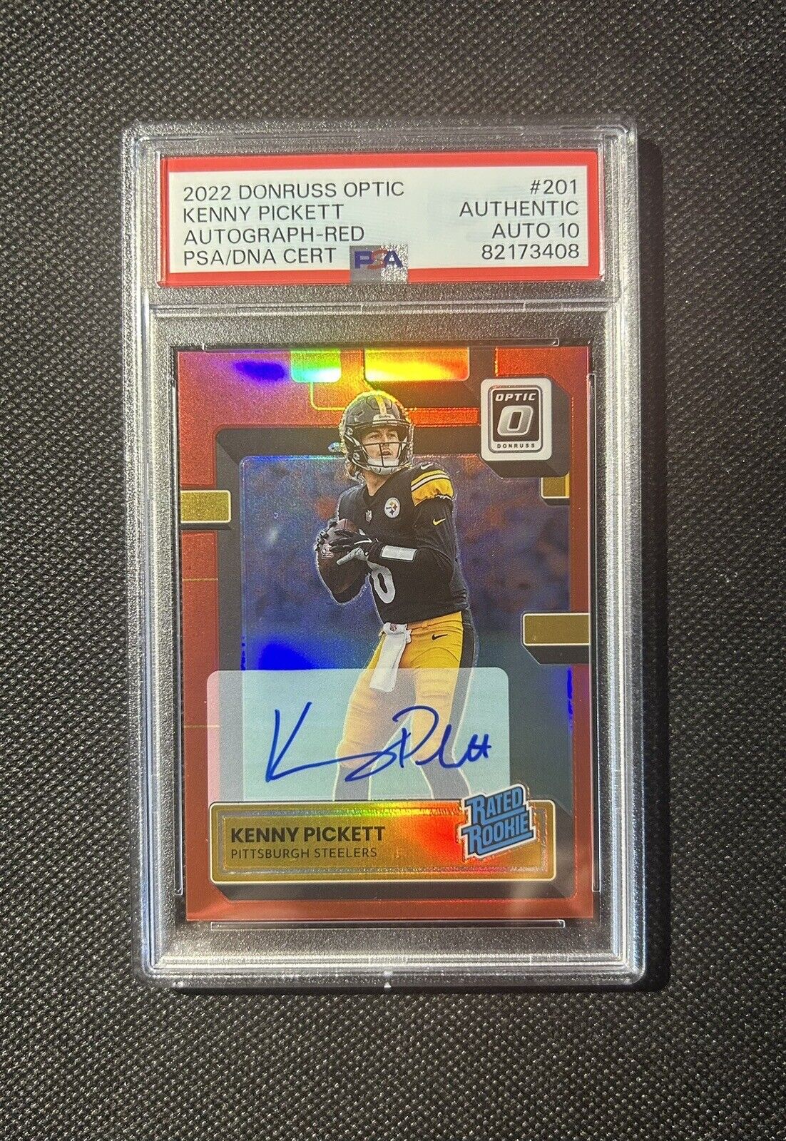 2022 Panini Optic Kenny Pickett Rated Rookie Red /75 PSA Authentic Auto 10 RC QB