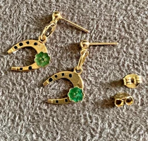Charming 18K Gold Horseshoe & Clover Earrings with Green Enamel - Swedish - Picture 1 of 3
