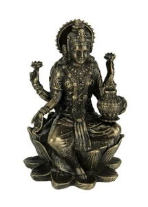 Bronze Finish Lakshmi Hindu Goddess On Lotus Figurine - Picture 1 of 3