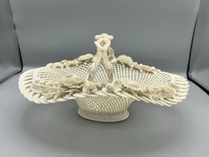 Antique Belleek Henshall 4 Strand Twig Handled Basket w/ Flowers Large Size 13” - Picture 1 of 22