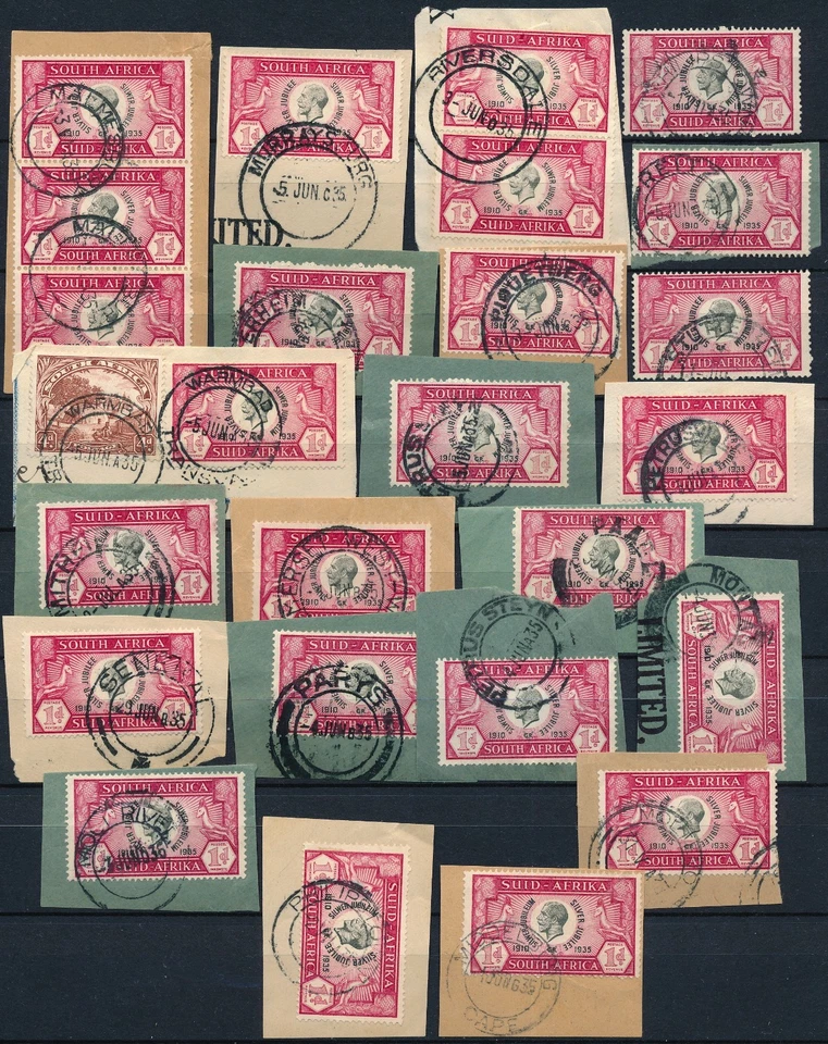 SOUTH AFRICA 1930s', 26 USED STAMPS ON FRAGMENTS WITH DIFF. POSTMARKS. #A947 - Image 1 of 1