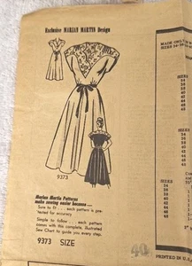 Marian Martin Vintage 1940's Mail Order Pattern #9373 Women's Dress Size 40 - Picture 1 of 11