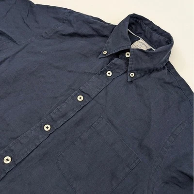 Brooks Brothers Regent Linen Button Down Shirt Mens Small Navy Blue Short Sleeve - Image 1 of 4