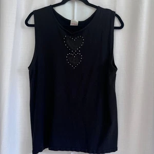 Von Saken Black Sleeveless Knit Top Sheer Hearts Rhinestone Accent Tank Blouse - Picture 1 of 9