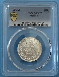 Mexico 1945 - M 50 Centavos Silver Coin ChBU Uncirculated Unc PCGS MS 67 KM# 447 - Picture 1 of 3