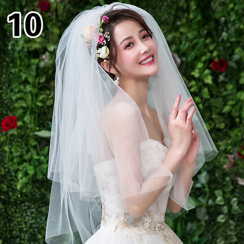 Elegant Short Bridal Tulle Veils Two Layers with Comb Wedding Accessories White - Image 1 of 4