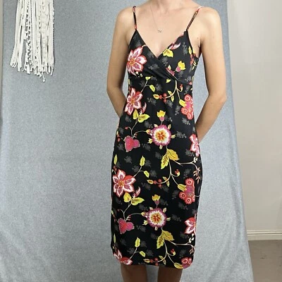 Y2K Slip Dress Womens 10 Floral Crossover Black Flowers Tropical 2000s Rockmans - image 1 of 4