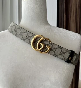 Gucci GG Marmot Logo Reversible Leather Belt Size 80•32 Beige Canvas and Black - Picture 1 of 15