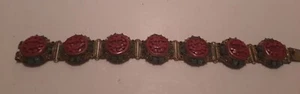 Antique Chinese Cinnabar and Brass Floral Filigree Bracelet 7" Long - Picture 1 of 10