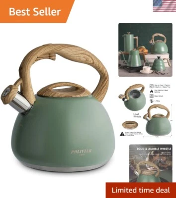Elegant Seaweed Green Stainless Steel Tea Kettle with Wood Handle & Whistle - Image 1 of 4