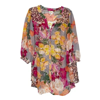 Blusa Top Figueroa y Flor Mujer 2X Estampado Mixto Floral Metálico Botón Frontal Foto 1 de 4
