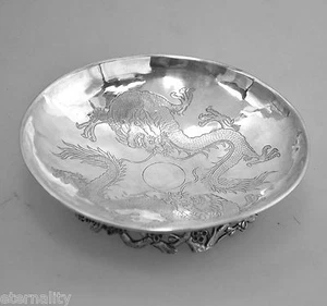 ANTIQUE CHINESE EXPORT SILVER TRAY DISH DRAGON CHINA HUNG CHONG 19TH C - Picture 1 of 11