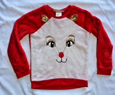 Penelope Mack Girls Size 6X Holiday Red White Fleece Deer Face Top - Image 1 of 4