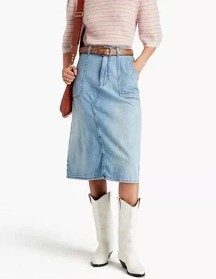 Ba&sh Bash Blue Denim Faded Skirt Pockets 1 S Midi High Waist Back Pockets - Image 1 of 4