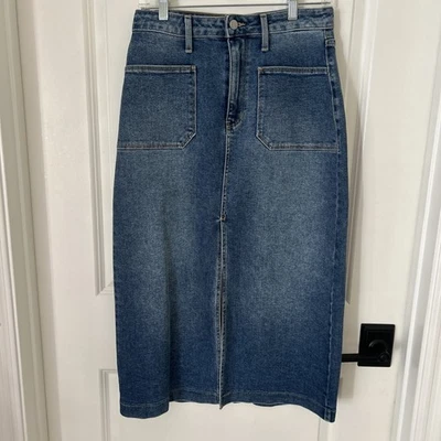 Falda Midi Just Negra Denim Clásica Elastizada Frontal Bolsillos abertura Talla Mediana EE. UU. Foto 1 de 4