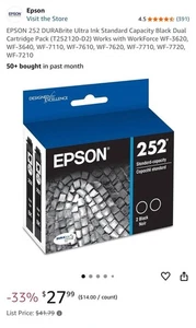 Cartucho doble negro capacidad estándar Epson 252 Durabrite Ultra Ink 2 paquetes - Imagen 1 de 4