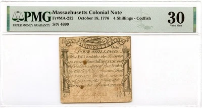 Massachusetts Colonial Note Fr#MA-232 October 18, 1776 PMG VF-30 *Paul Revere* - Image 1 of 3