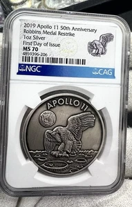 2019 Apollo II Robbins Silver Medal Restrike 1 Oz Ngc MS70 FDOI - Picture 1 of 7