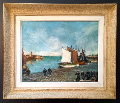 Tableau huile sur toile signé Mahut ?, retour de pêche port Bretagne - Photo 1/4