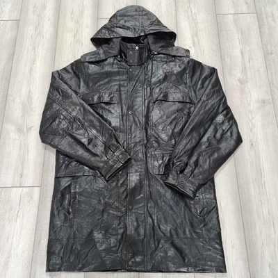 Vtg Phase Two Genuine Leather Long Coat Black With Hood Size Large 44-46inch - Image 1 of 4