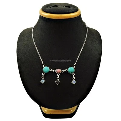 Turquoise Rhodochrosite Sterling Silver Birthday Cluster Throat Chakra Necklace - Image 1 of 4