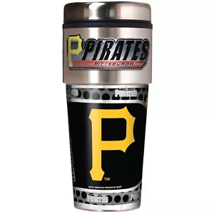 PITTSBURGH PIRATES 16 OZ STAINLESS STEEL COFFEE TRAVEL MUG WITH METAL EMBLEM - Picture 1 of 1