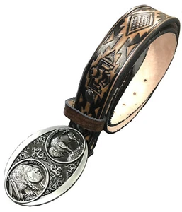 Leather Belt Native Indian Design Handmade Color Brown and Buffalo Nickle Buckle - Picture 1 of 5