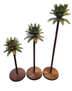 Vintage Bronze Palm Tree Candle Holders Set Of 3 Display Art - Picture 1 of 2